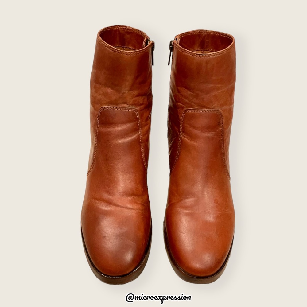 $389 Frye Joan Campus Cognac Brown Side Zip Leather Block Heel Cute Ankle Bootie - Picture 6 of 14